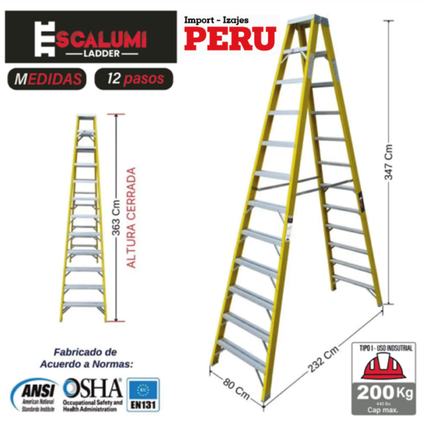 Escalera Tijera Doble Acceso Fibra de vidrio 12 Pasos