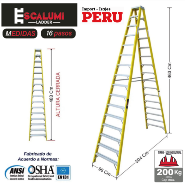 Escalera Tijera Doble Acceso Fibra de vidrio 16 Pasos