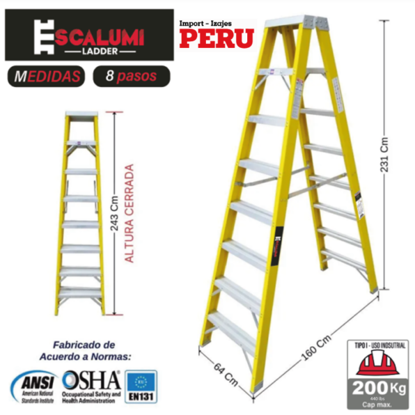 Escalera Tijera Doble Acceso Fibra de vidrio 8Pasos