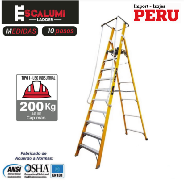 Escalera Tipo Plataforma Plegable Fibra de Vidrio – 10 pasos