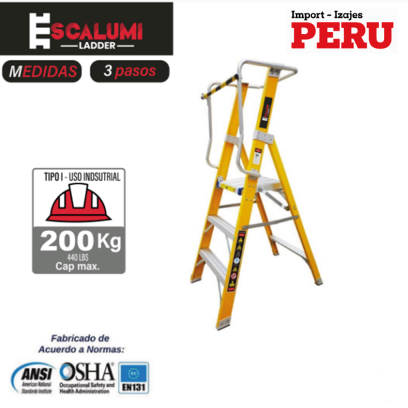 Escalera Tipo Plataforma Plegable Fibra de Vidrio – 3 pasos