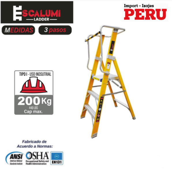 Escalera Tipo Plataforma Plegable Fibra de Vidrio – 3 pasos