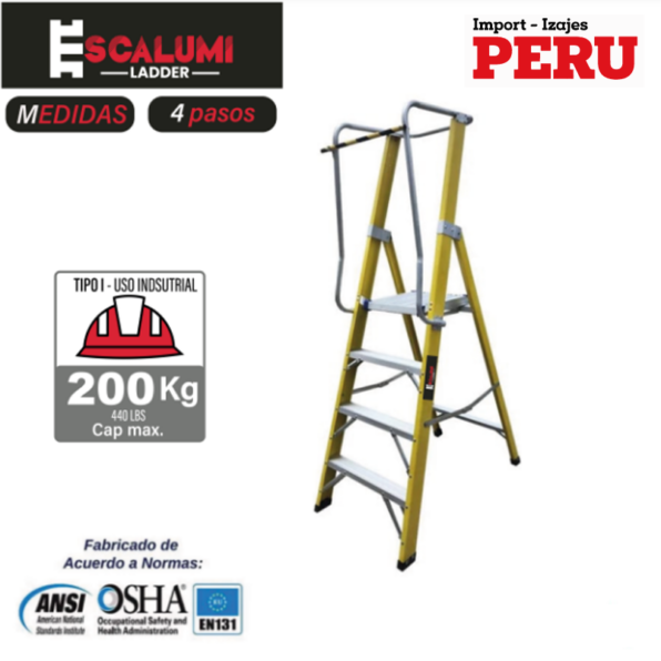 Escalera Tipo Plataforma Plegable Fibra de Vidrio – 4 pasos