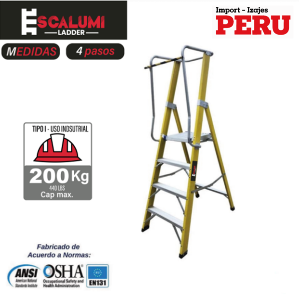 Escalera Tipo Plataforma Plegable Fibra de Vidrio – 4 pasos