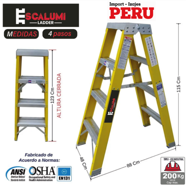 Escalera Tijera Doble Acceso Fibra de vidrio 4 Pasos