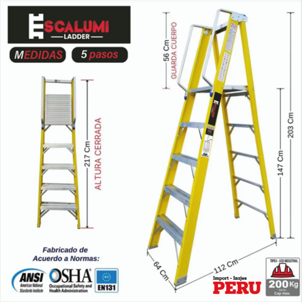 Escalera Tijera Plataforma Fibra De Vidrio 5 Pasos Escalumi Ladder
