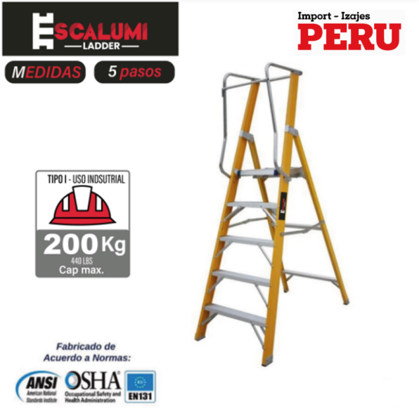 Escalera Tipo Plataforma Plegable Fibra de Vidrio – 5 pasos