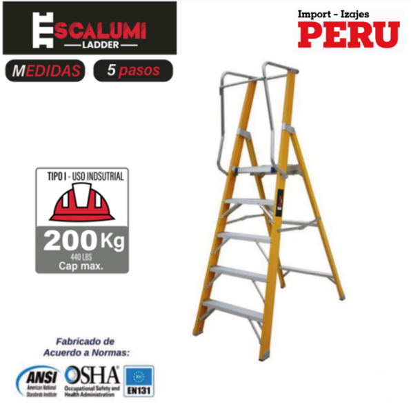 Escalera Tipo Plataforma Plegable Fibra de Vidrio – 5 pasos