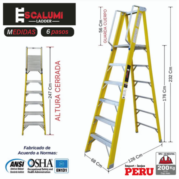 Escalera Tijera Plataforma Fibra De Vidrio 6 Pasos