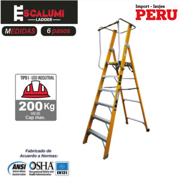 Escalera Tipo Plataforma Plegable Fibra de Vidrio – 6 pasos