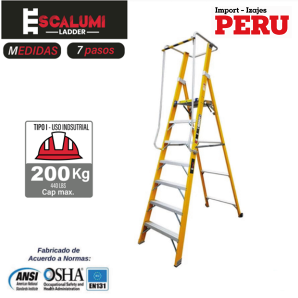 Escalera Tipo Plataforma Plegable Fibra de Vidrio – 7 pasos