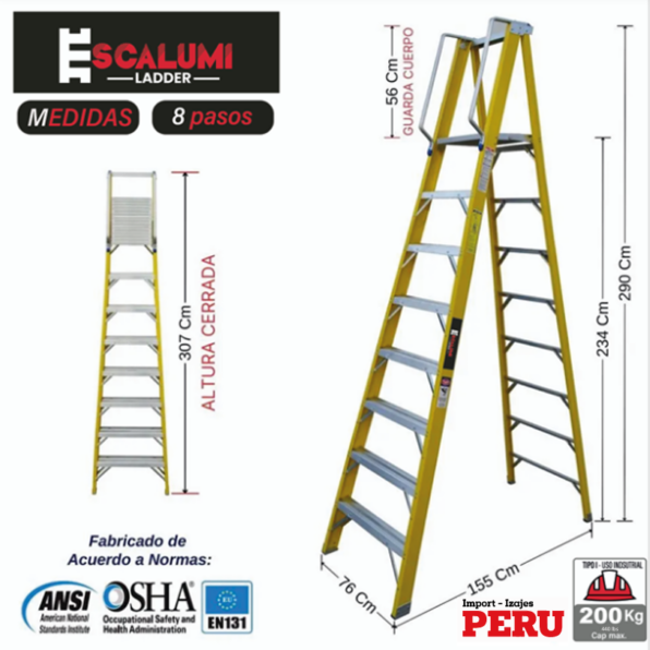 Escalera Tijera Plataforma Fibra De Vidrio 8 Pasos