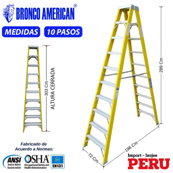 Escalera Tijera Doble Acceso Fibra de Vidrio 10 Pasos Bronco American