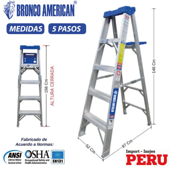 Escalera Tijera Simple Acceso Aluminio 5 Pasos Bronco American