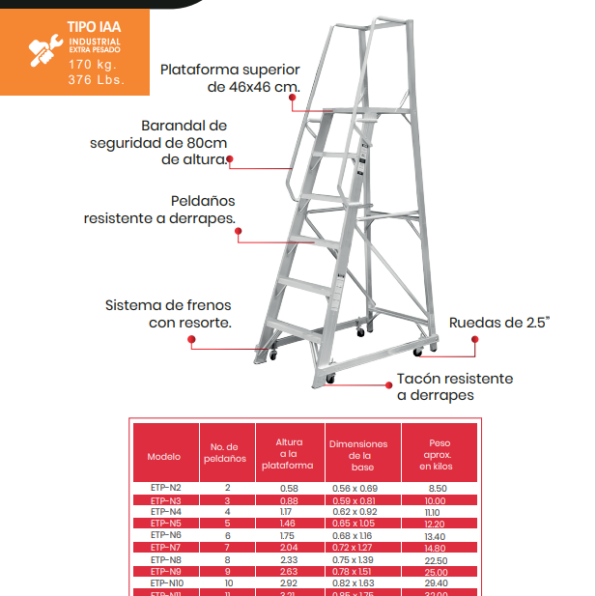 Escalera Con Plataforma y Ruedas No Plegable