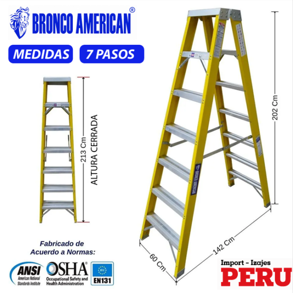 Escalera Tijera Doble Acceso Fibra de Vidrio 7 Pasos Bronco American