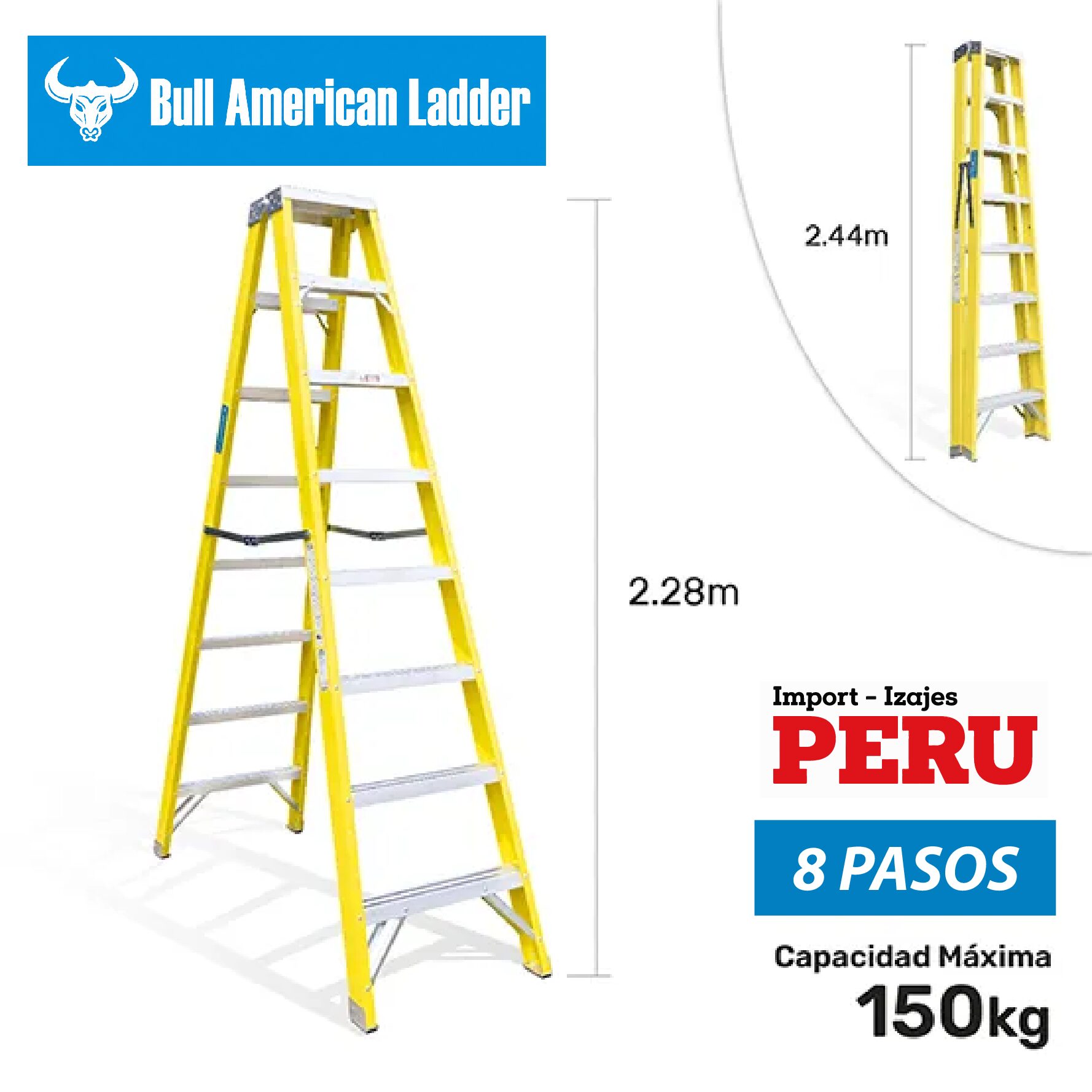 Escalera Tijera Doble Acceso Fibra de Vidrio 8 Pasos Bull American Ladder