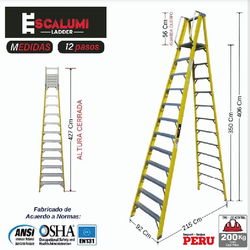 Escalera Tijera Plataforma Fibra De Vidrio 12 Pasos Escalumi Ladder